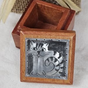 Vintage Tiny Wood Trinket Box with Tin Cat on Top
